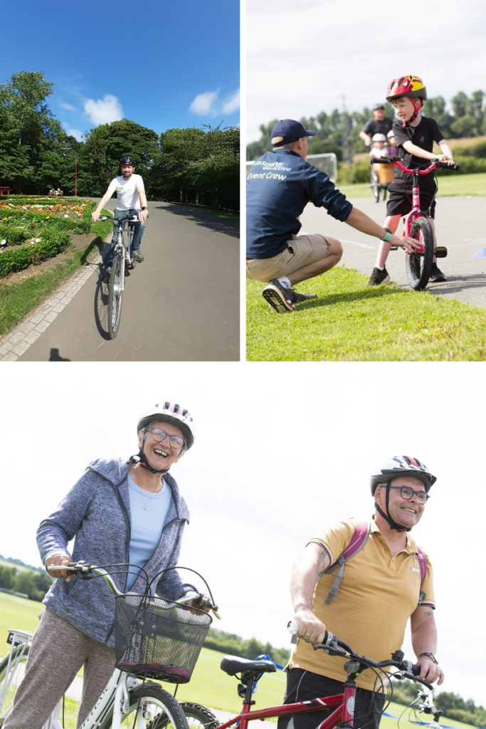 Gallery of cyclists who attended the Go Smarter Go Active cycling roadshow. Images show an older couple smiling on bikes, a young boy getting help from a trainer and an adult man cycling.