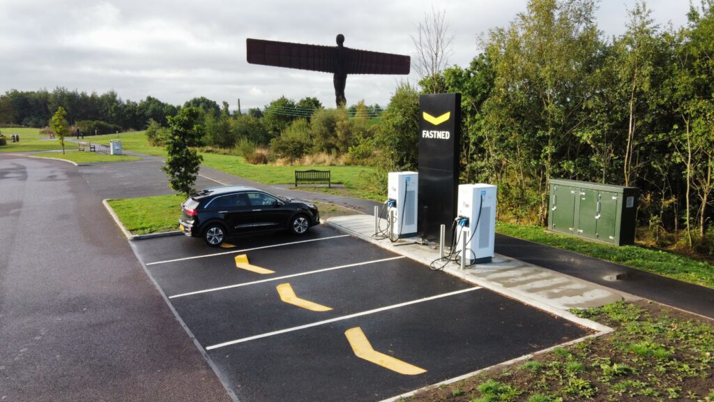 electric vehicle charging stations at the angel of the north.
